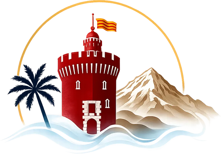 Emblème Brume Catalane : le Castillet de Perpignan entre un palmier et le Canigou, au-dessus d'une vague de brume